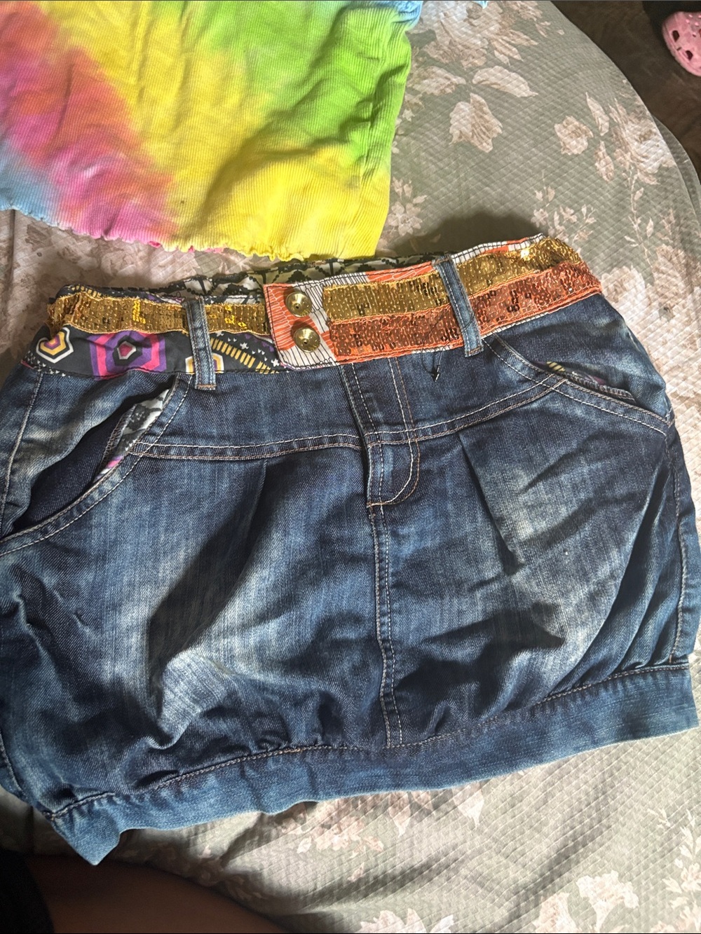 Blue Denim Mini Skirt with Embellished Multicolor Waistband